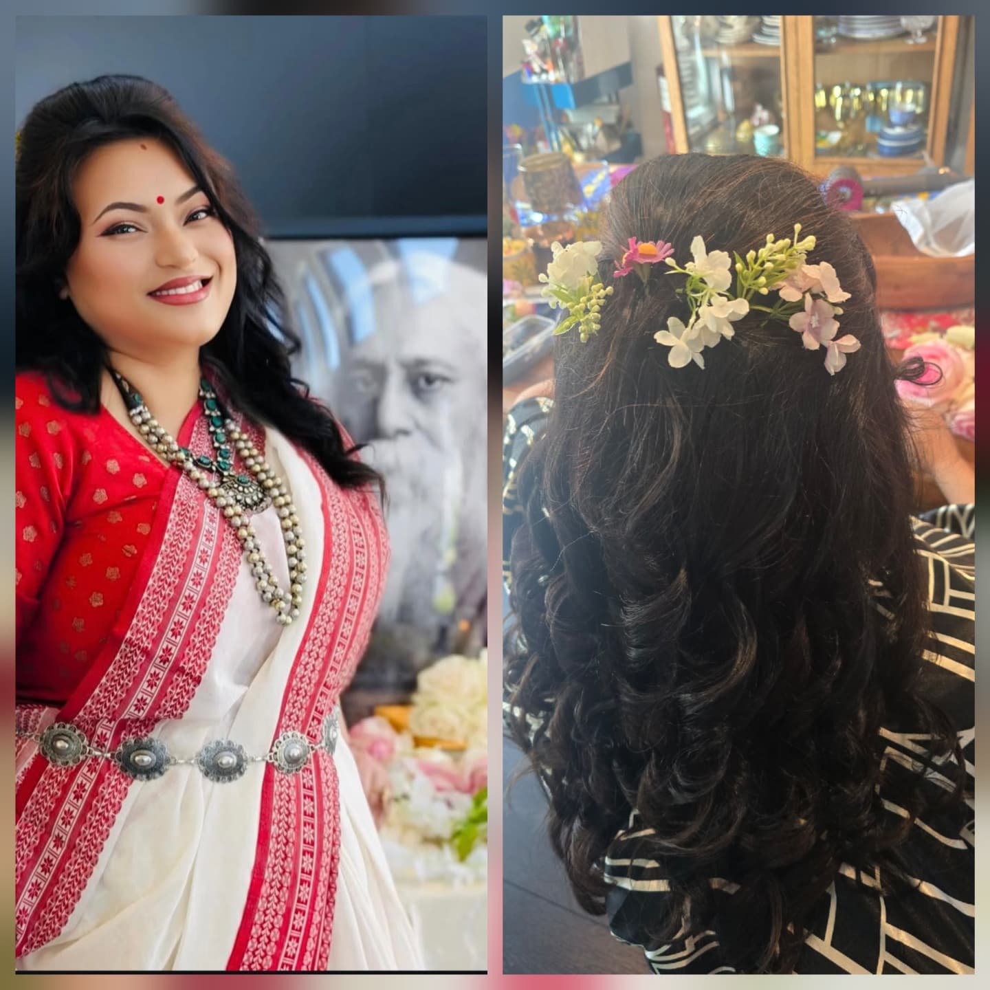 Saree look and floral curly updo collage
