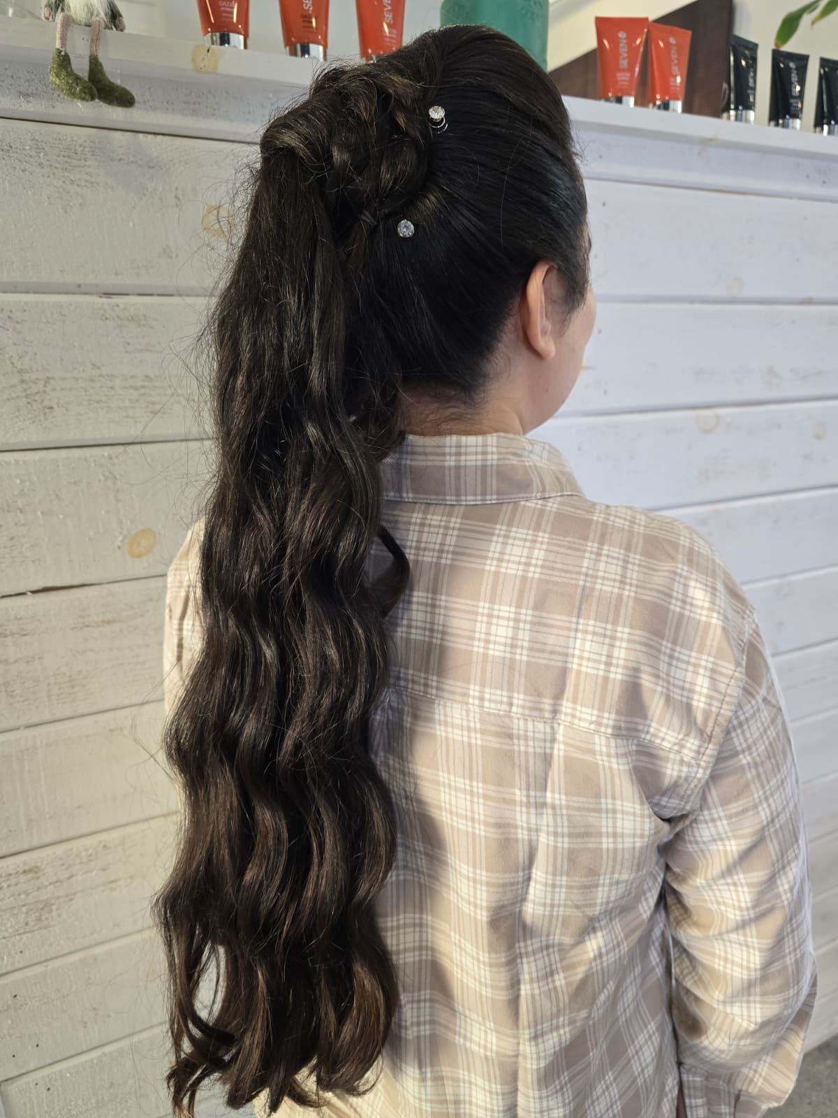 Textured long ponytail updo